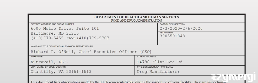 FDANews 483 Nutravail, LLC. Feb 6 2020 top