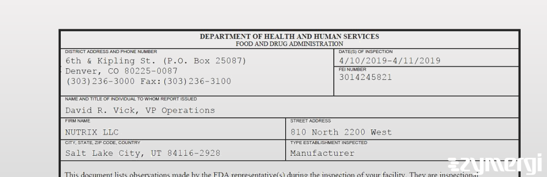 FDANews 483 NUTRIX LLC Apr 11 2019 top