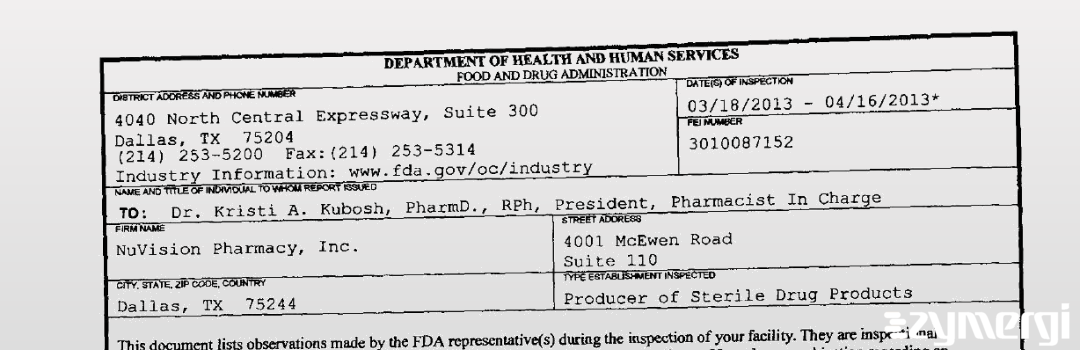 FDANews 483 NuVision Pharmacy, Inc. Apr 16 2013 top