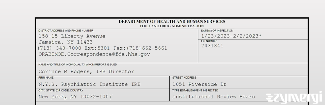 FDANews 483 N.Y.S. Psychiatric Institute IRB Feb 2 2023 top