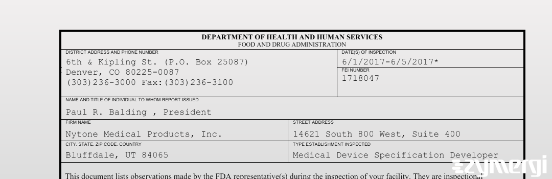 FDANews 483 Nytone Medical Products, Inc. Jun 5 2017 top