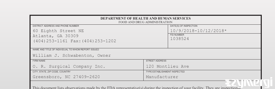 FDANews 483 O. R. Surgical Company Inc. Oct 12 2018 top