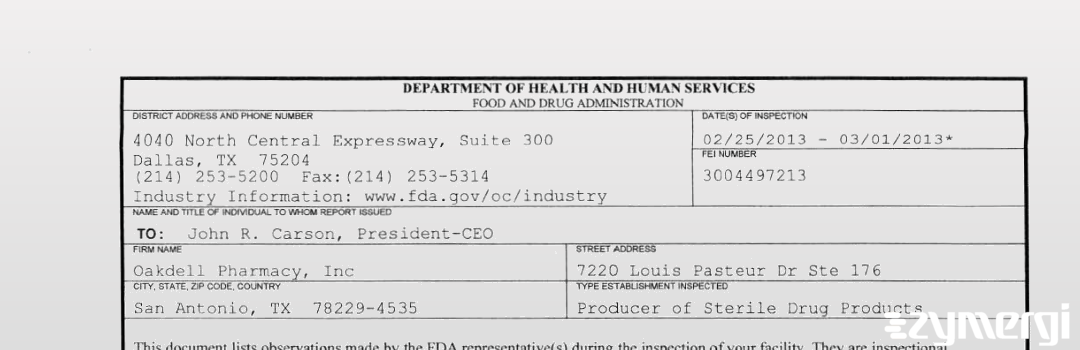 FDANews 483 Oakdell Pharmacy, Inc Mar 1 2013 top