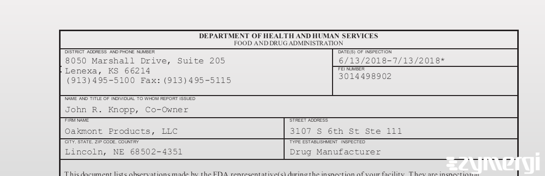 FDANews 483 Oakmont Products, LLC Jul 13 2018 top