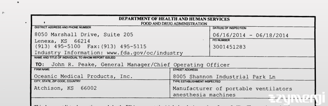 FDANews 483 Oceanic Medical Products, Inc. Jun 18 2014 top