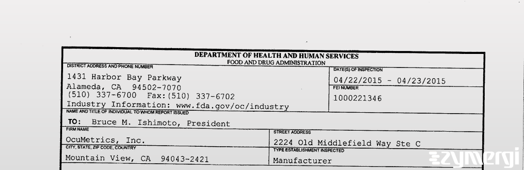 FDANews 483 OcuMetrics, Inc. Apr 23 2015 top