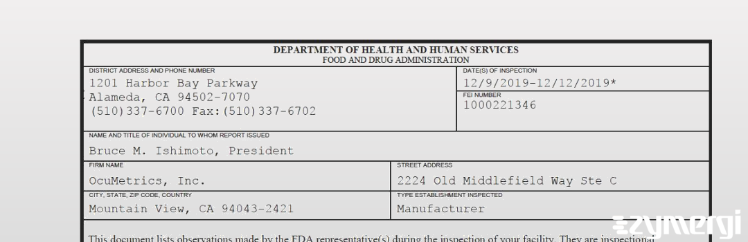 FDANews 483 OcuMetrics, Inc. Dec 12 2019 top