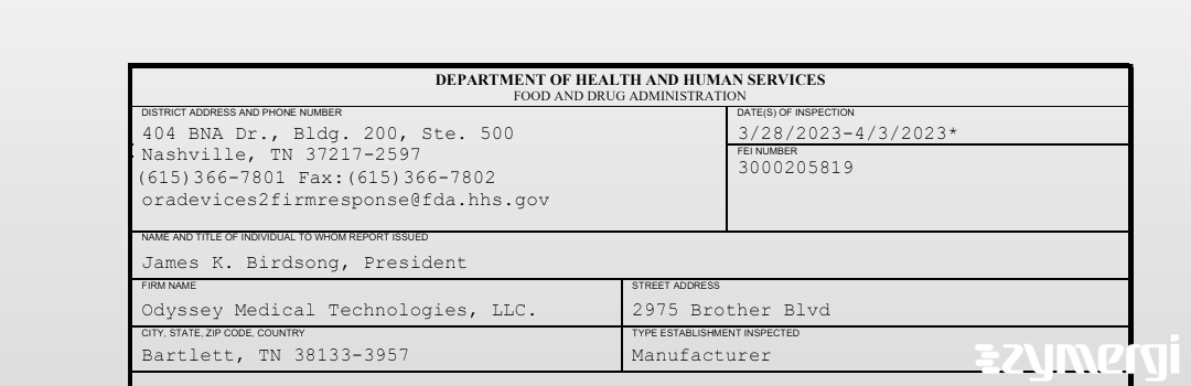 FDANews 483 Odyssey Medical Technologies, LLC. Apr 3 2023 top