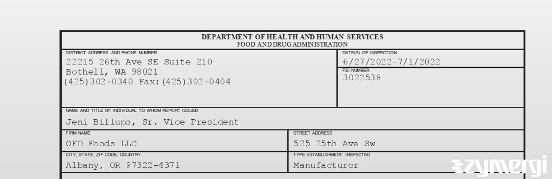 FDANews 483 OFD Foods, LLC Jul 1 2022 top