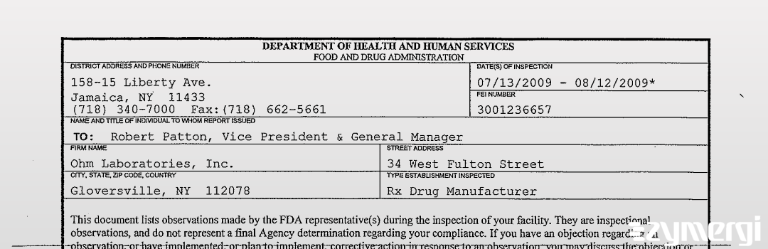 FDANews 483 Ohm Laboratories, Inc. Aug 12 2009 top