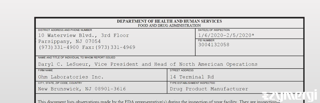 FDANews 483 Ohm Laboratories, Inc. Feb 5 2020 top