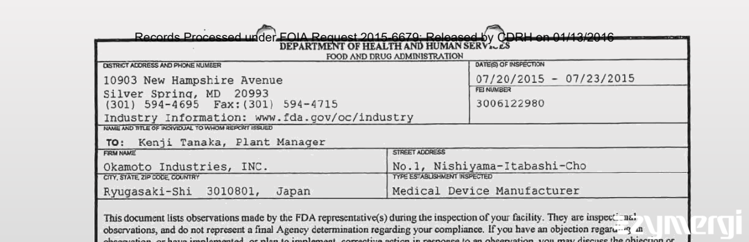 FDANews 483 Okamoto Industries Inc. Jul 23 2015 top