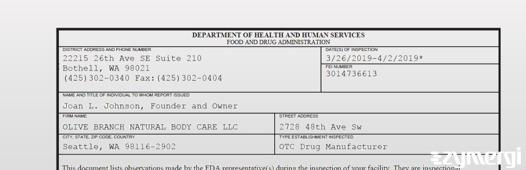 FDANews 483 OLIVE BRANCH NATURAL BODY CARE LLC Apr 2 2019 top