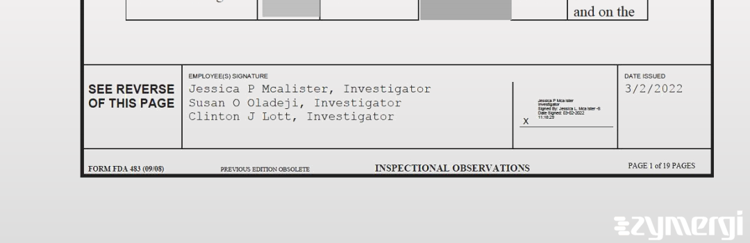 Jessica P. McAlister FDA Investigator Clinton J. Lott FDA Investigator Susan O. Oladeji FDA Investigator 