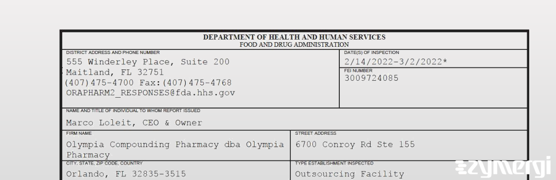 FDANews 483 Olympia Compounding Pharmacy dba Olympia Pharmacy Mar 2 2022 top