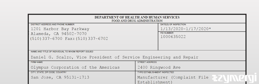 FDANews 483 Olympus Corporation of the Americas Jan 17 2020 top