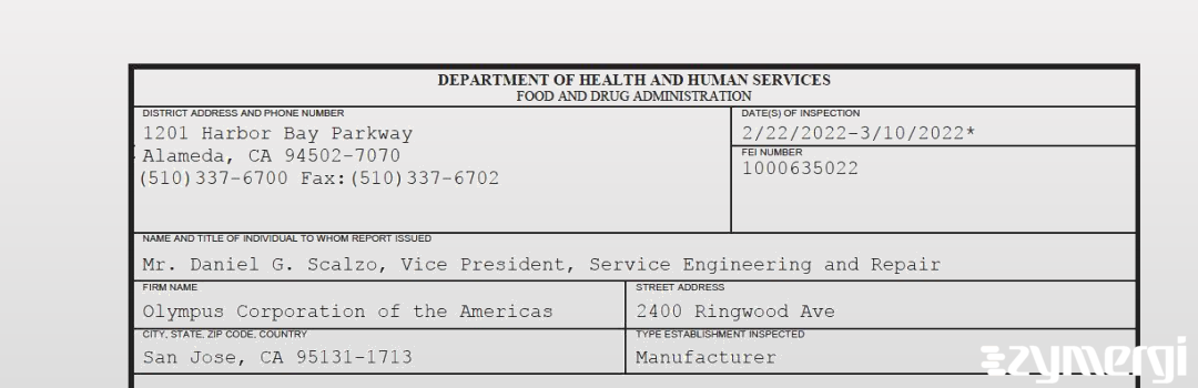 FDANews 483 Olympus Corporation of the Americas Mar 10 2022 top