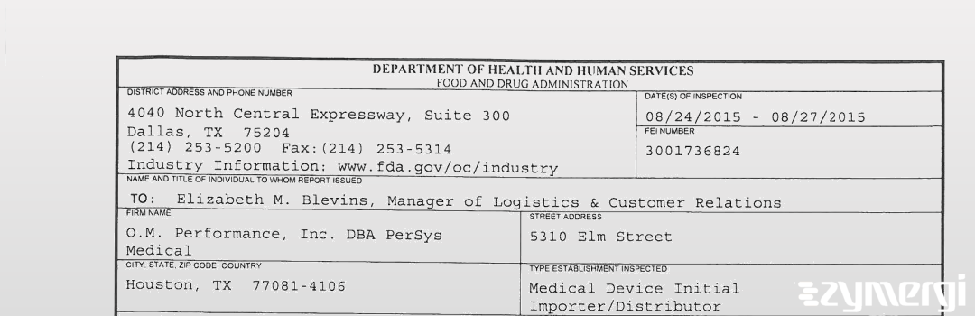 FDANews 483 O.M. Performance, Inc. DBA PerSys Medical Aug 27 2015 top