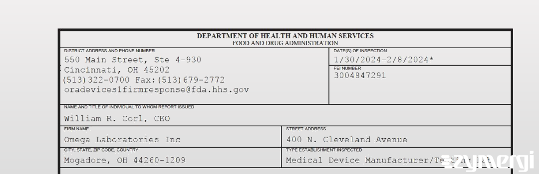 FDANews 483 Omega Laboratories Inc Feb 8 2024 top