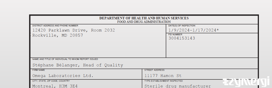FDANews 483 Omega Laboratories Ltd. Jan 17 2024 top