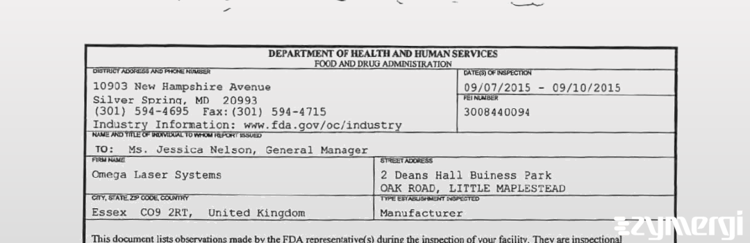 FDANews 483 Omega Laser Systems Sep 10 2015 top