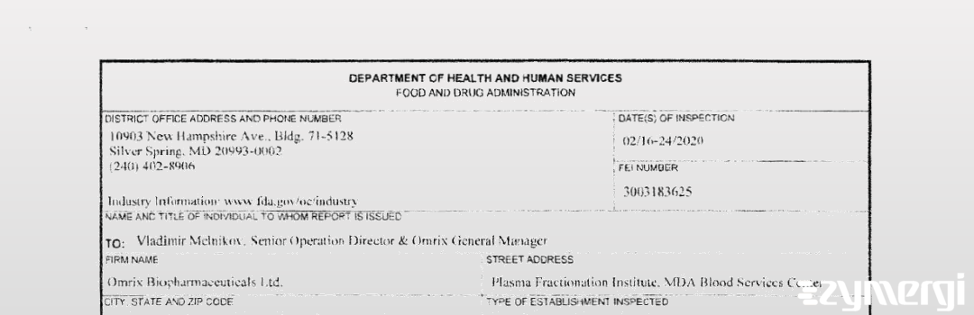 FDANews 483 OMRIX Biopharmaceuticals LTD Feb 24 2020 top