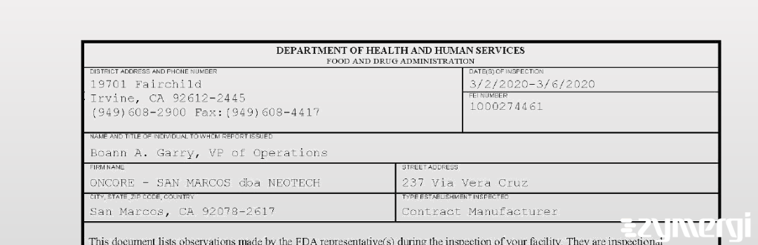 FDANews 483 ONCORE - SAN MARCOS dba NEOTECH Mar 6 2020 top