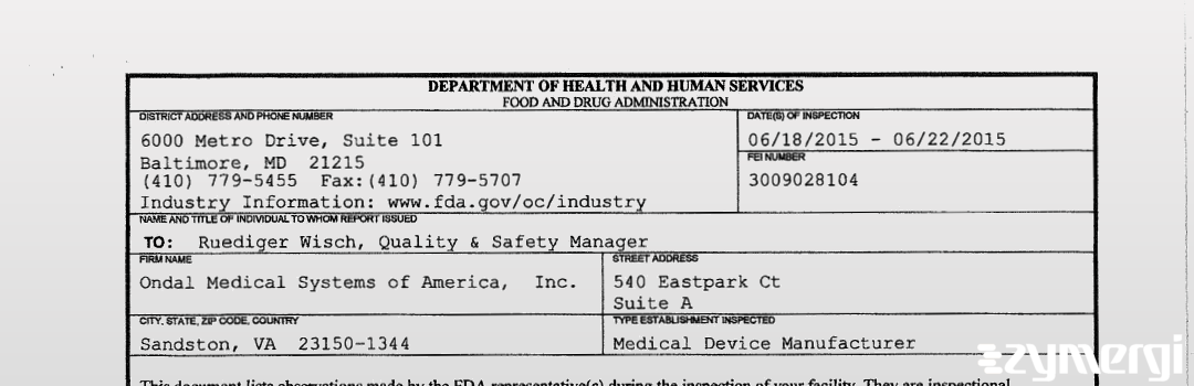 FDANews 483 Ondal Medical Systems of America,  Inc. Jun 22 2015 top