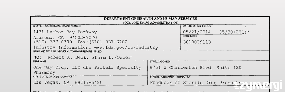 FDANews 483 One Way Drug, LLC dba Partell Specialty Pharmacy May 30 2014 top