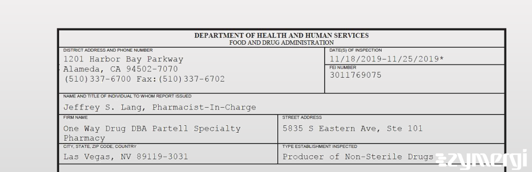 FDANews 483 One Way Drug DBA Partell Specialty Pharmacy Nov 25 2019 top