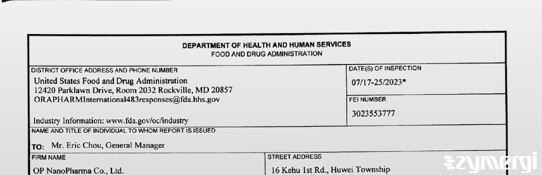 FDANews 483 OP NanoPharma Co., Ltd. Jul 25 2023 top