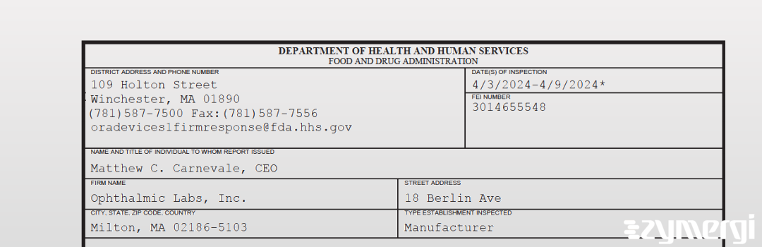 FDANews 483 Ophthalmic Labs, Inc. Apr 9 2024 top