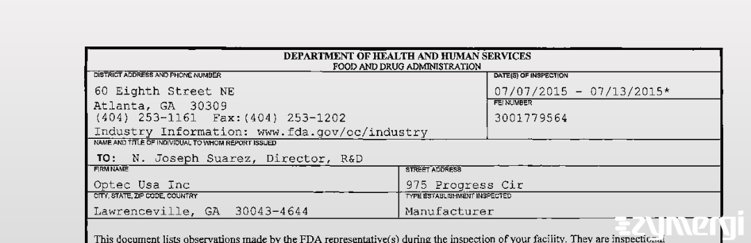 FDANews 483 Optec Usa Inc Jul 13 2015 top