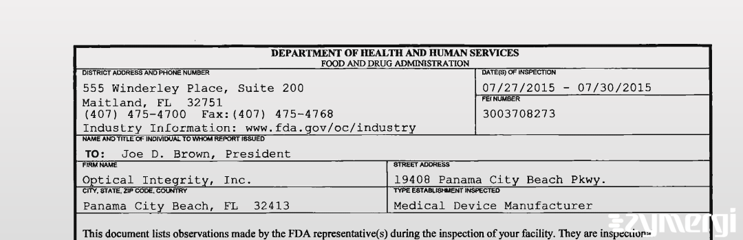 FDANews 483 Optical Integrity, Inc. Jul 30 2015 top