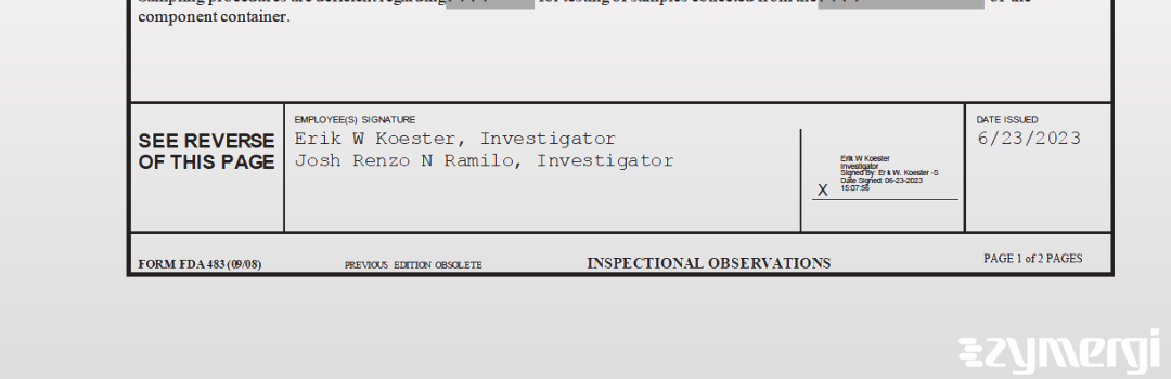 Erik W. Koester FDA Investigator Josh Renzo Ramilo FDA Investigator Ramilo, Josh Renzo N FDA Investigator 