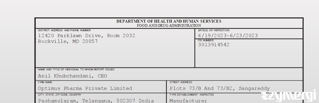 FDANews 483 Optimus Pharma Private Limited Jun 23 2023 top