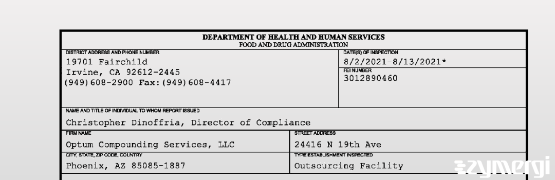 FDANews 483 Optum Compounding Services, LLC Aug 13 2021 top