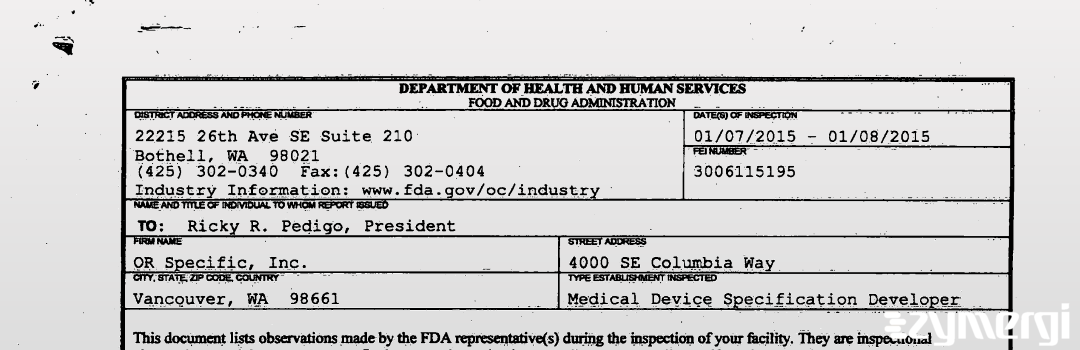 FDANews 483 OR Specific, Inc. Jan 8 2015 top