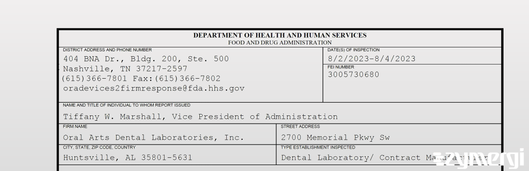 FDANews 483 Oral Arts Dental Laboratories, Inc. Aug 4 2023 top