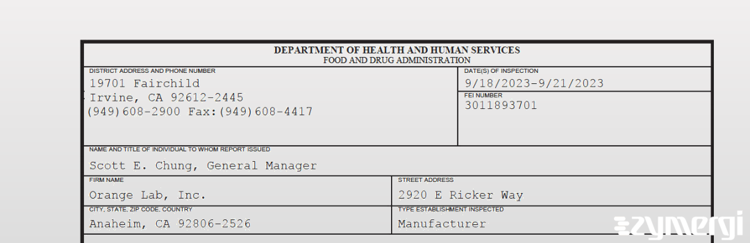 FDANews 483 Orange Lab, Inc. Sep 21 2023 top