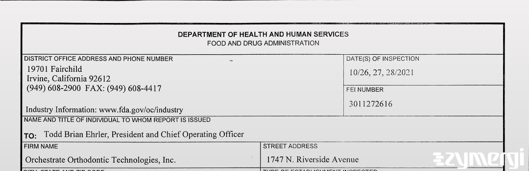 FDANews 483 Orchestrate Orthodontic Technologies, Inc. Oct 28 2021 top
