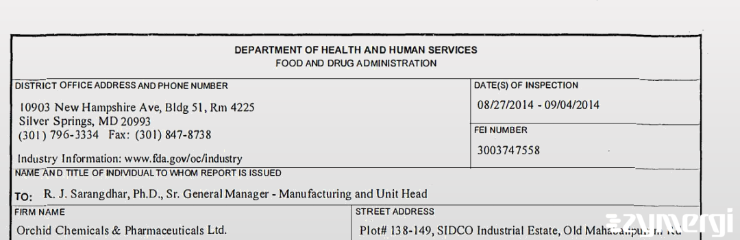 FDANews 483 Orchid Chemicals & Pharmaceuticals Ltd. Sep 4 2015 top