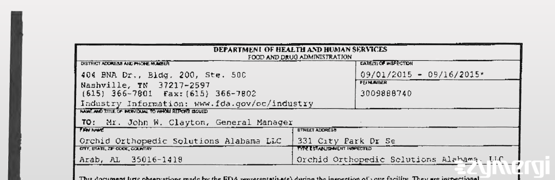 FDANews 483 Orchid Orthopedic Solutions Alabama LLC Sep 16 2015 top