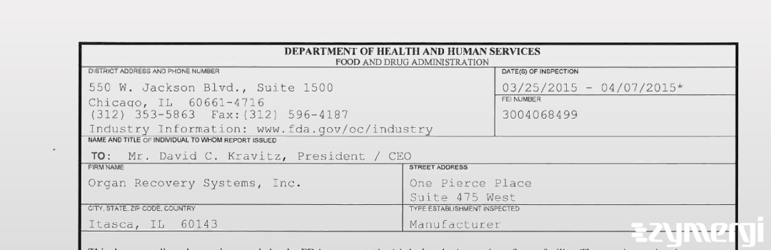 FDANews 483 Organ Recovery Systems, Inc. Apr 7 2015 top