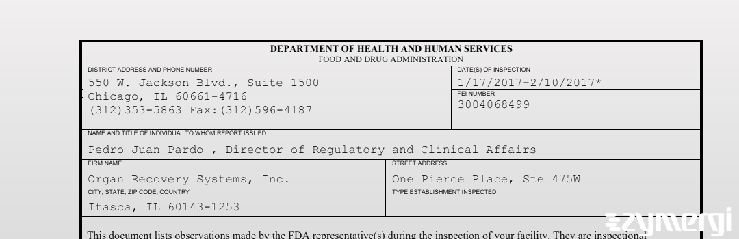 FDANews 483 Organ Recovery Systems, Inc. Feb 10 2017 top