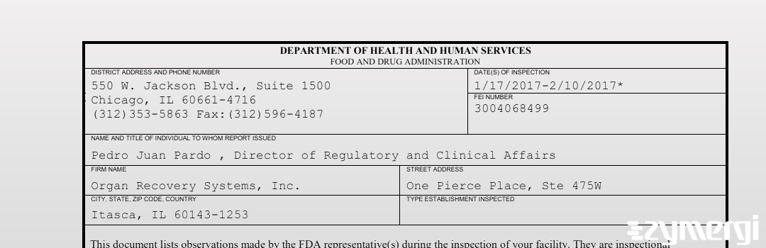 FDANews 483 Organ Recovery Systems, Inc. Feb 10 2017 top