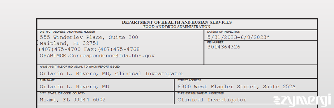 FDANews 483 Orlando L. Rivero, MD Jun 8 2023 top