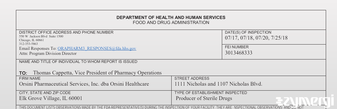 FDANews 483 Orsini Pharmaceutical Services, Inc. Jul 25 2018 top