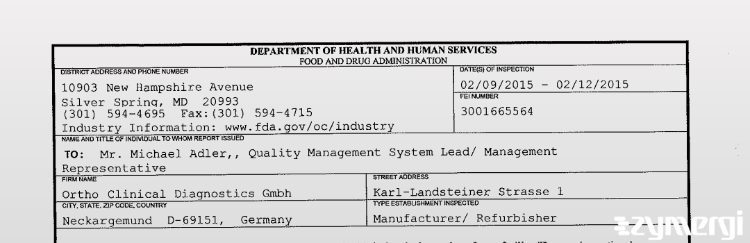 FDANews 483 Ortho Clinical Diagnostics Gmbh Feb 12 2015 top