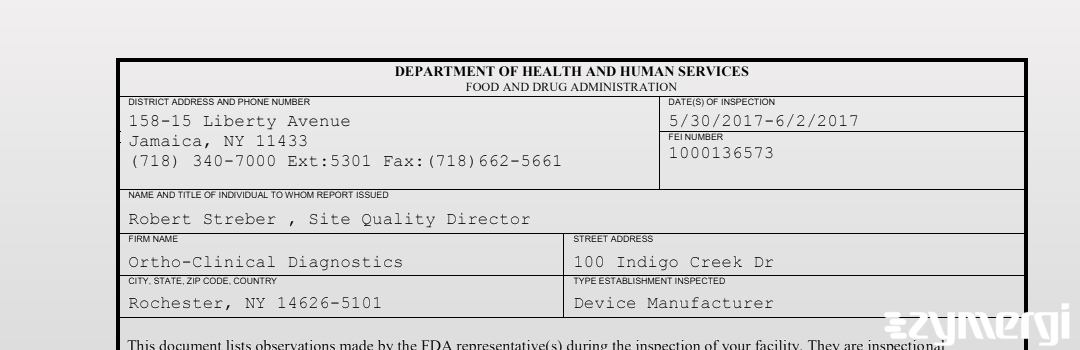 FDANews 483 ORTHO-CLINICAL DIAGNOSTICS Jun 2 2017 top